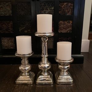 Mercury Glass Candlesticks with Candles Set of 3